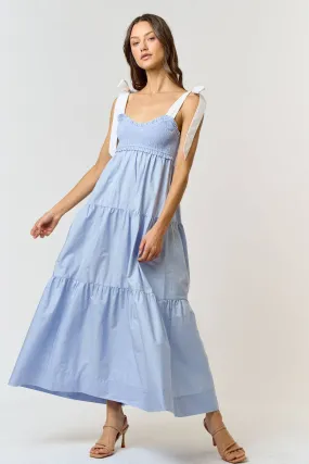 Shoulder Tie Smocked Maxi Dress -Chambray Blue