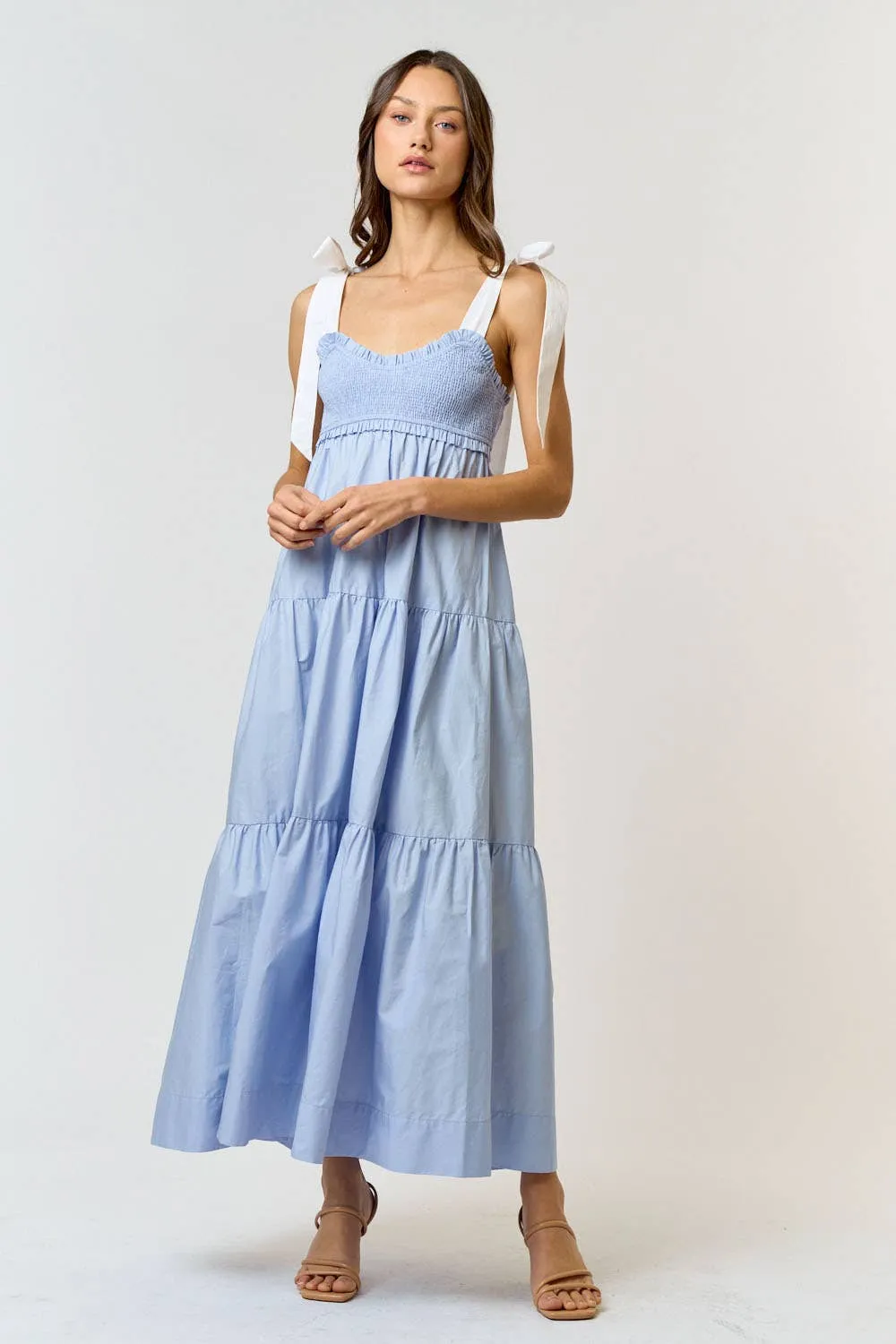 Shoulder Tie Smocked Maxi Dress -Chambray Blue