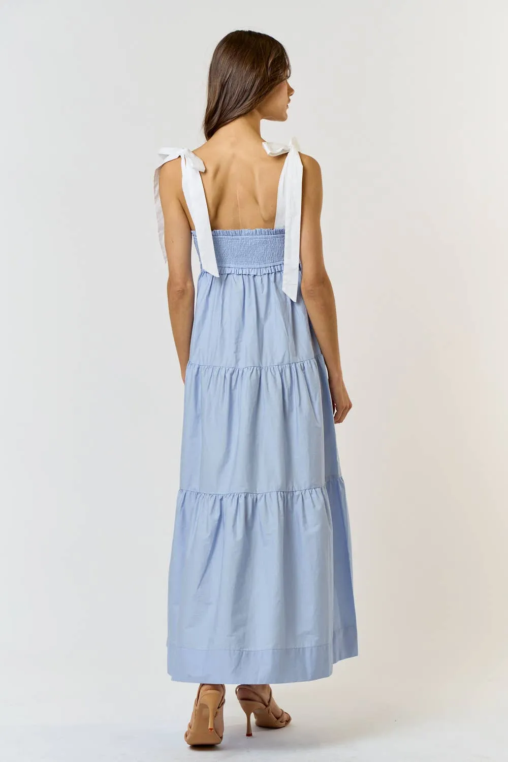 Shoulder Tie Smocked Maxi Dress -Chambray Blue