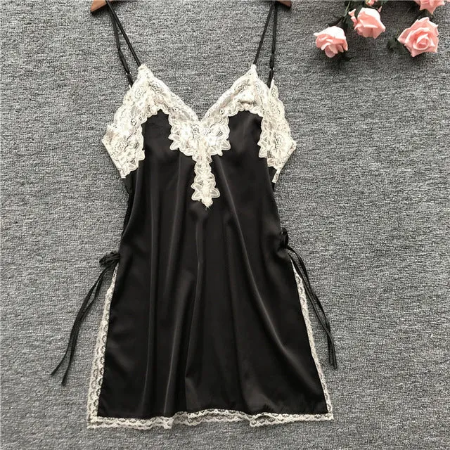 Sling V Neck slip Women's Satin Nightwear Lace Sleepwear