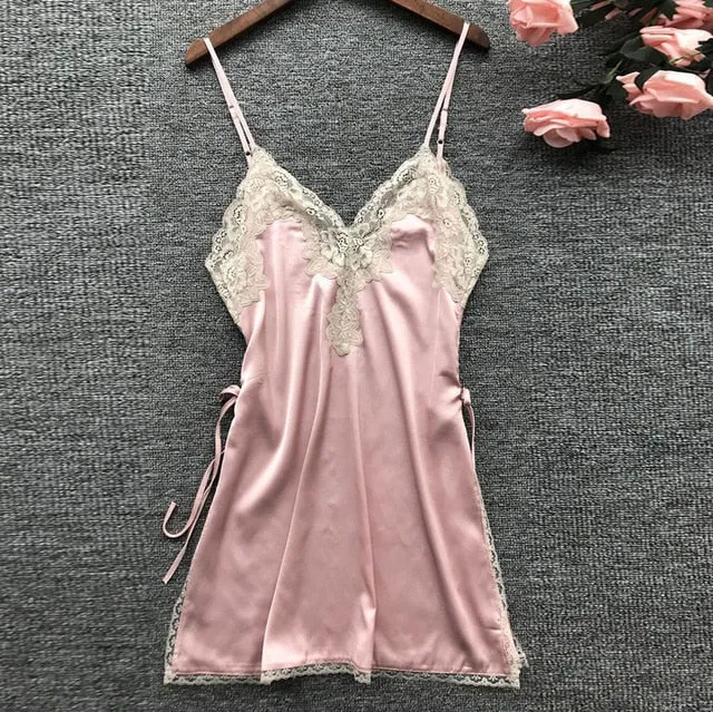 Sling V Neck slip Women's Satin Nightwear Lace Sleepwear