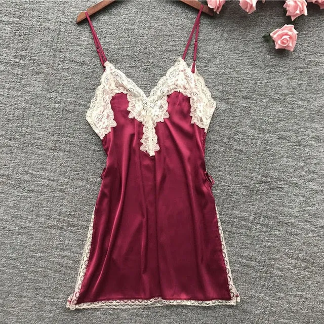 Sling V Neck slip Women's Satin Nightwear Lace Sleepwear