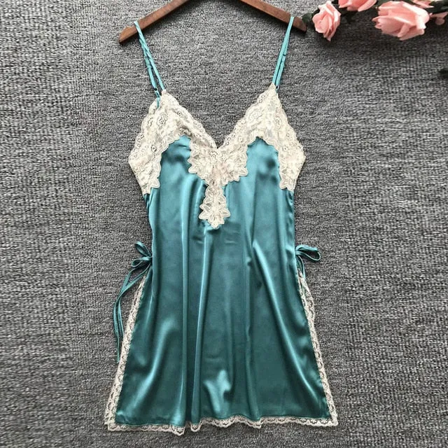 Sling V Neck slip Women's Satin Nightwear Lace Sleepwear
