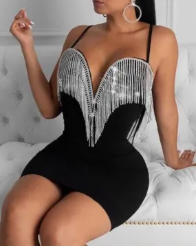 Spaghetti Strap Tassel Design Bodycon Dress