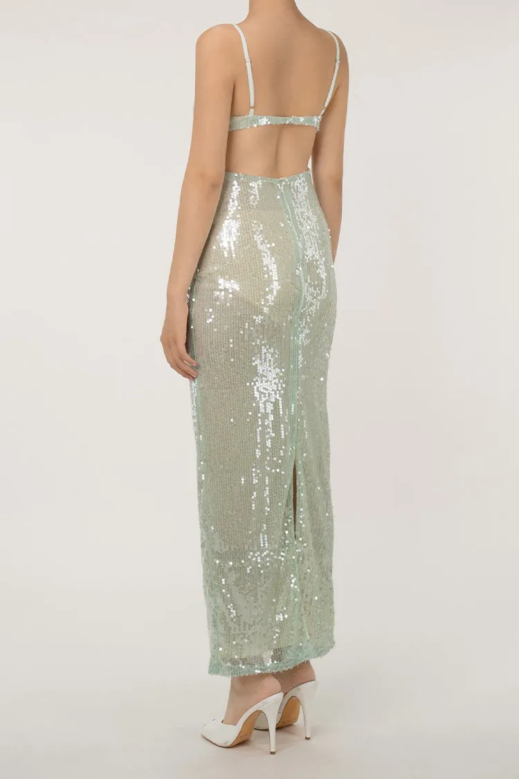 Sparkly Scoop Neck Cutout Spaghetti Strap Split Sequin Evening Maxi Dress