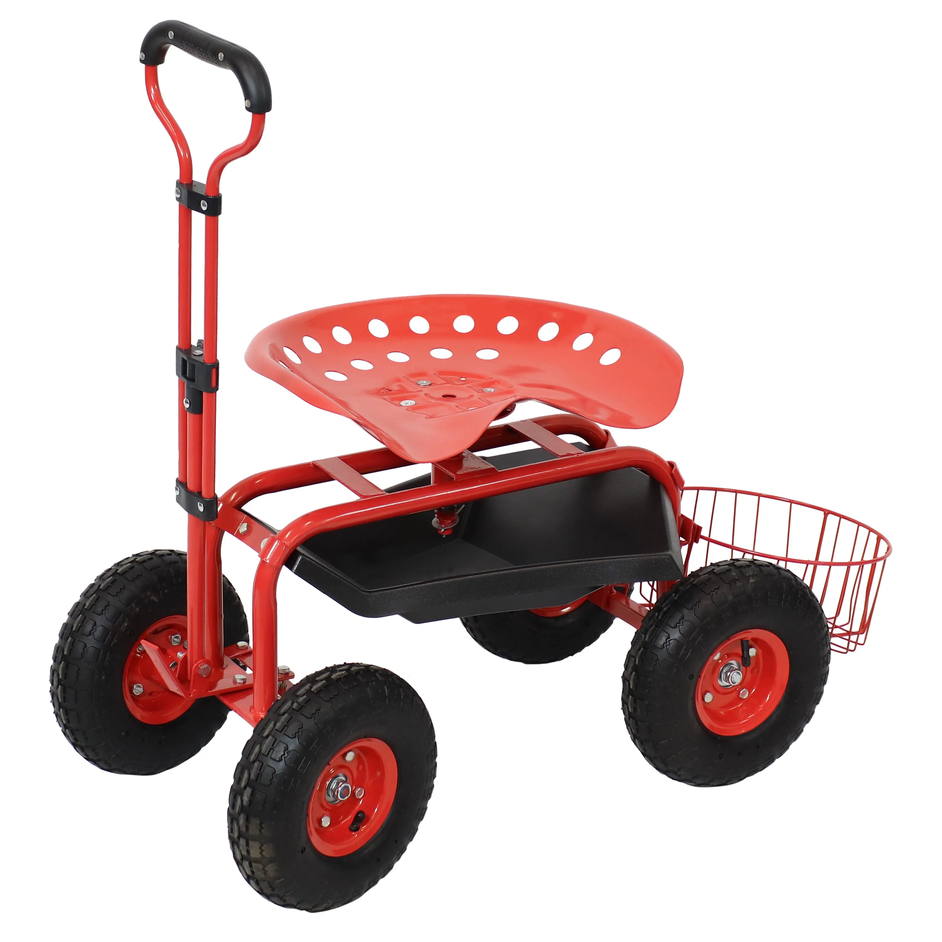 Sunnydaze Rolling Garden Cart with Swivel Seat, Handle, and Basket