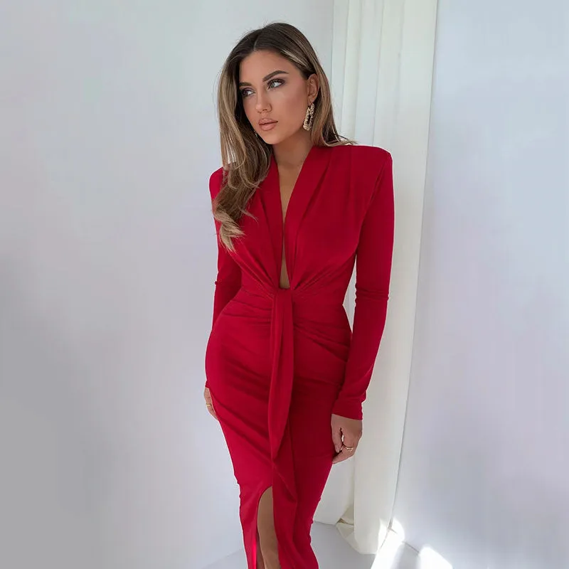 TastyHottie - Ariel Deep V Neck Full Sleeve Long Dress