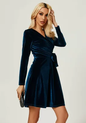 Teal Velvet Wrap Style Long Sleeve Mini Dress