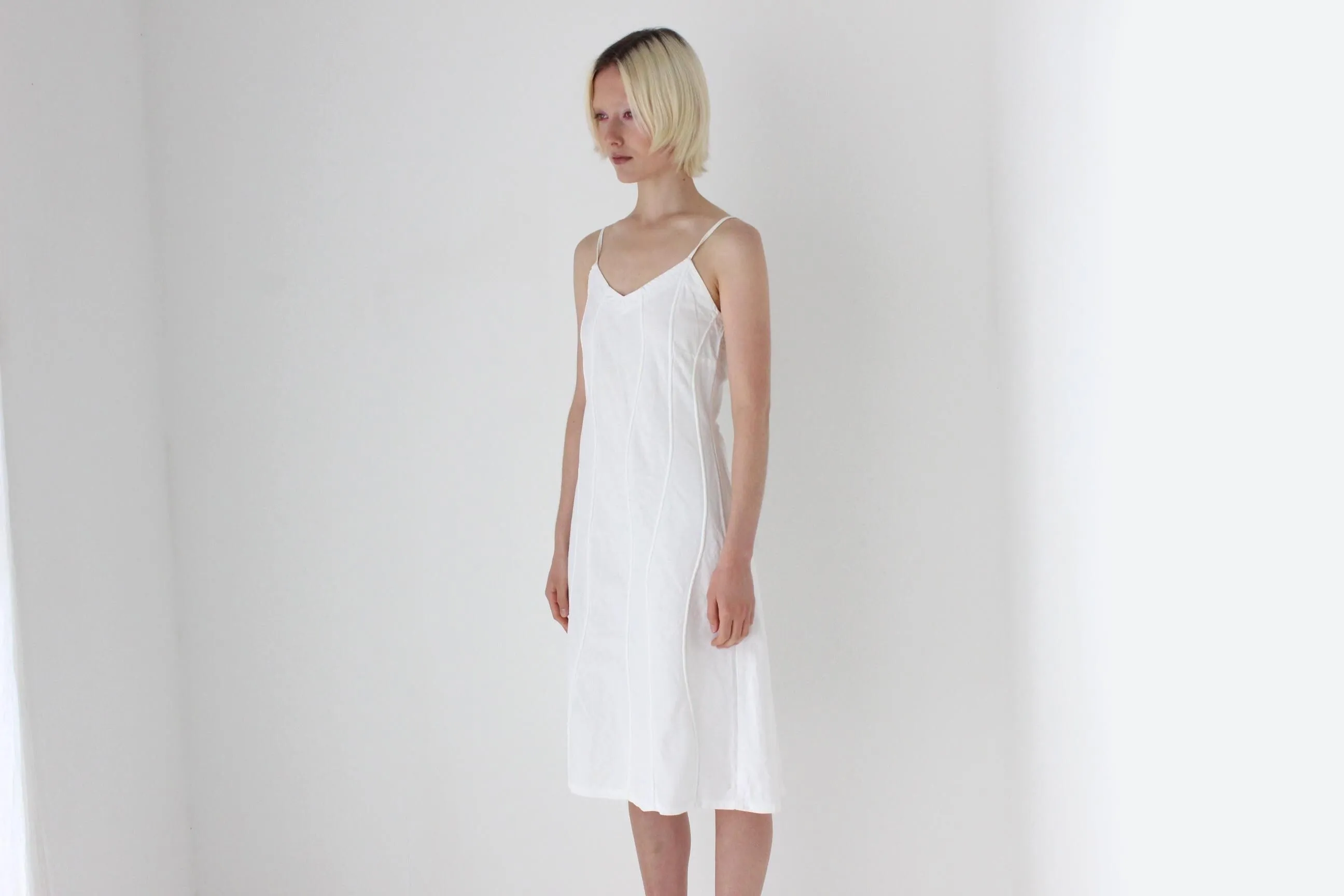 Textural 90s Linen Cotton Spaghetti Strap Slip Dress