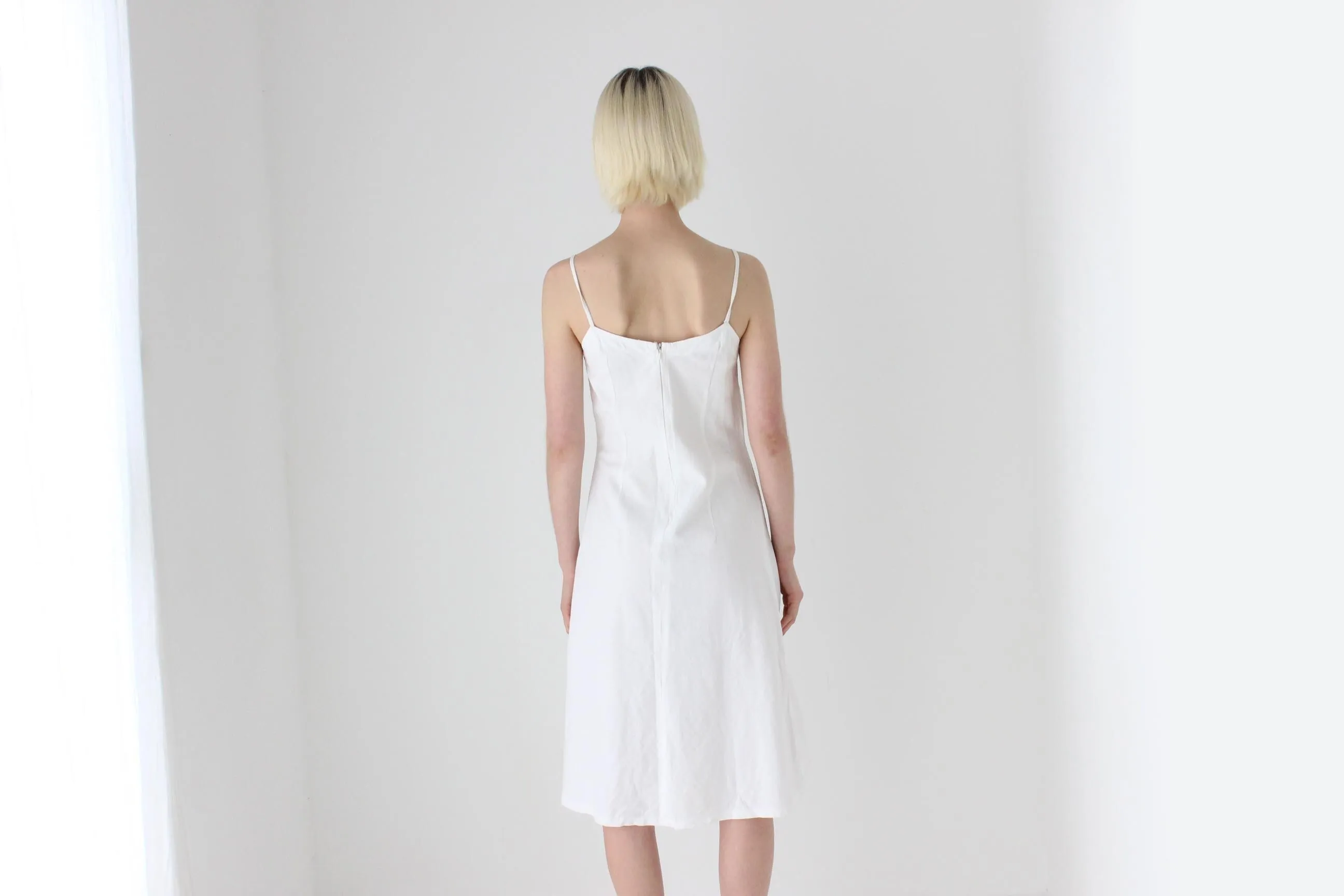 Textural 90s Linen Cotton Spaghetti Strap Slip Dress