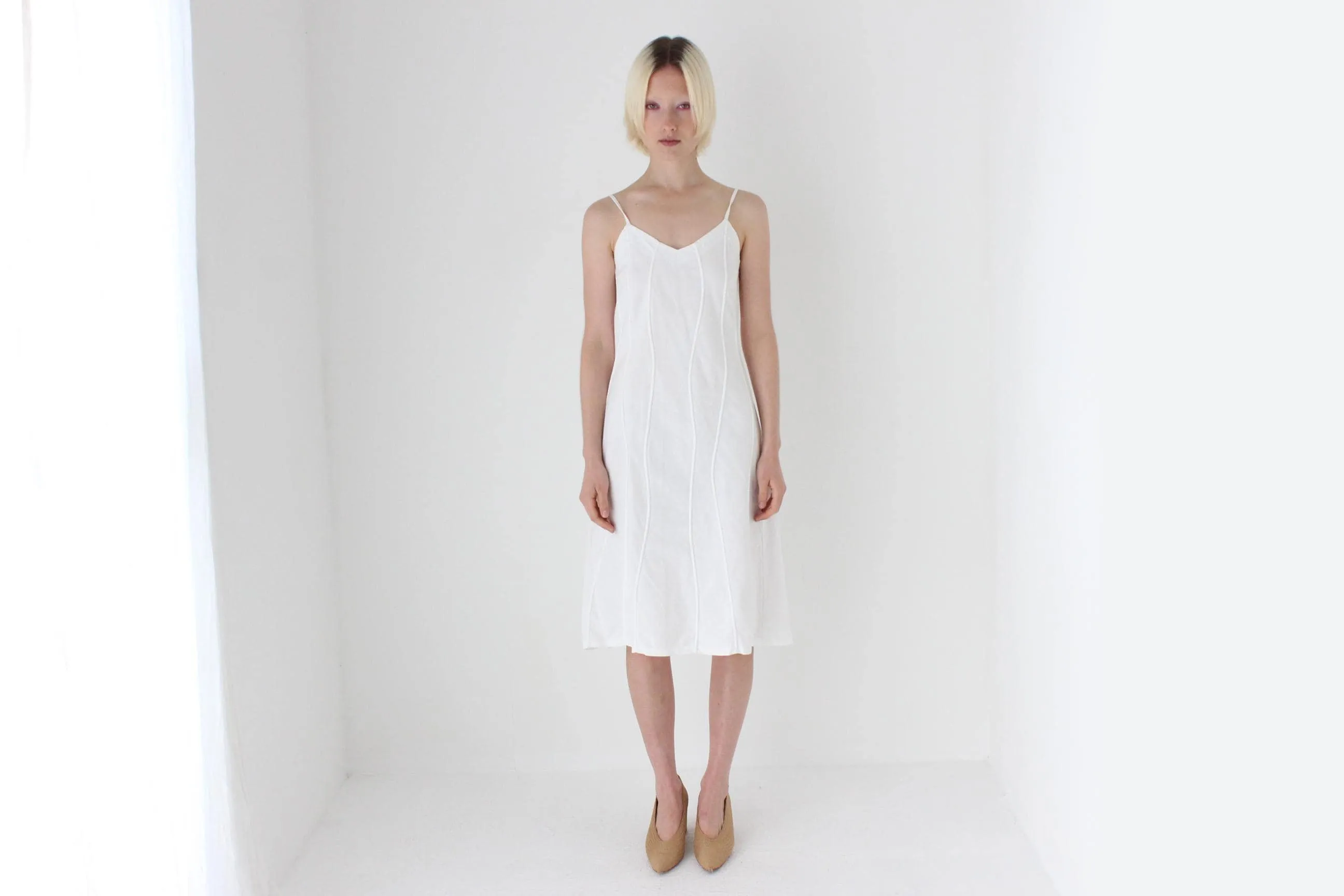 Textural 90s Linen Cotton Spaghetti Strap Slip Dress