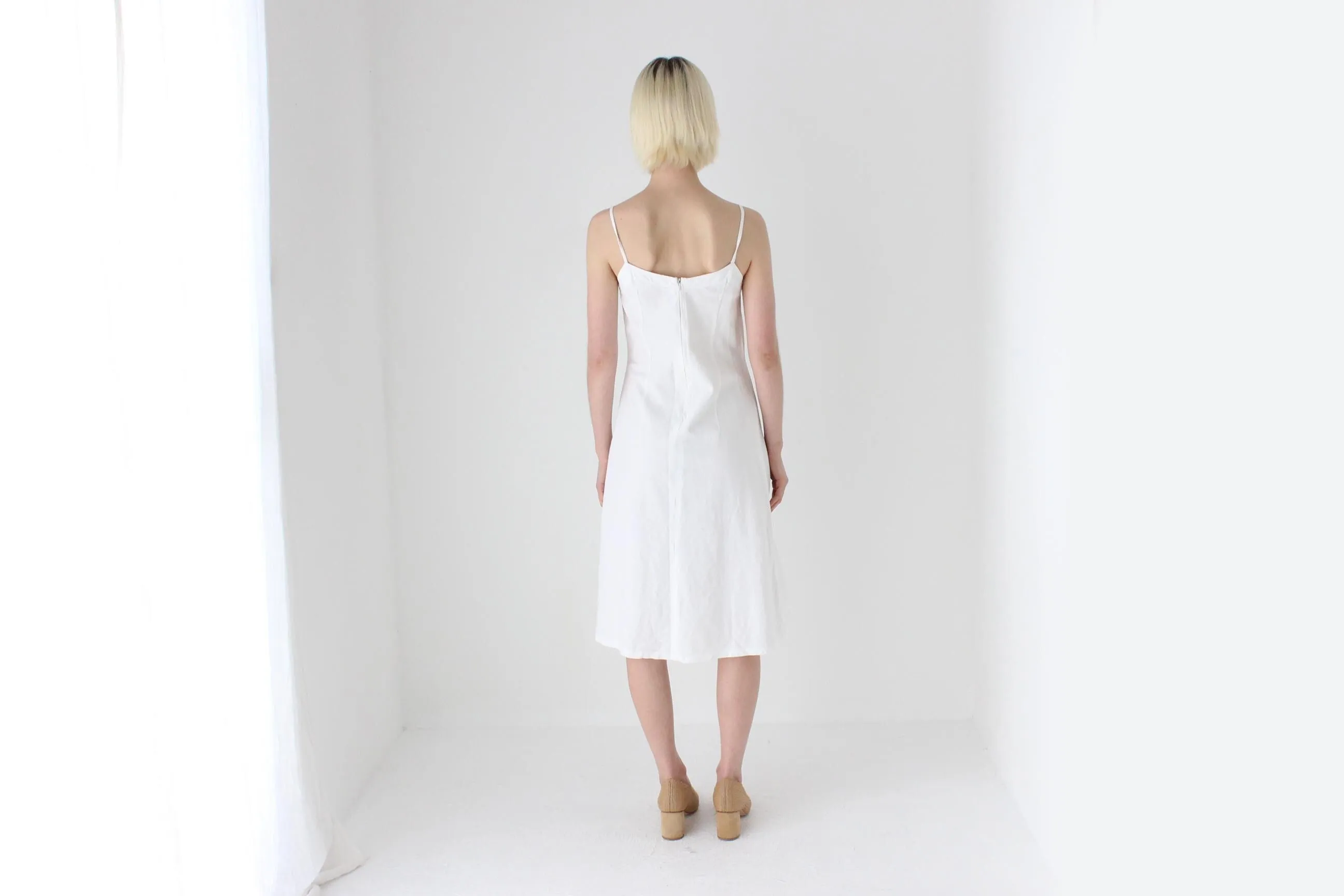 Textural 90s Linen Cotton Spaghetti Strap Slip Dress