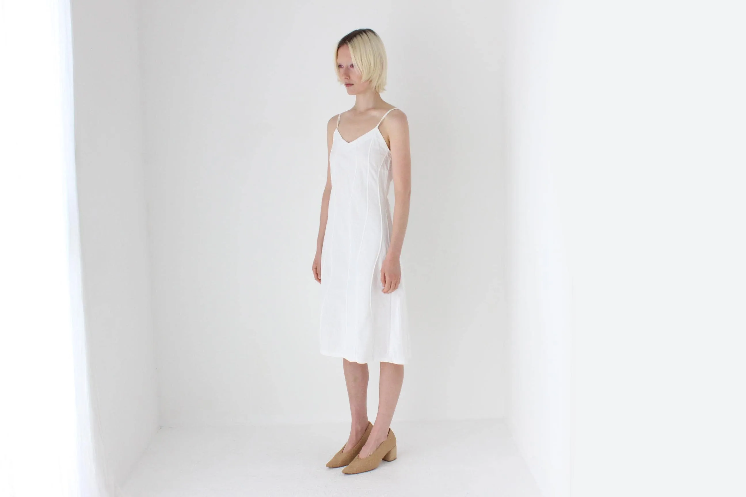 Textural 90s Linen Cotton Spaghetti Strap Slip Dress