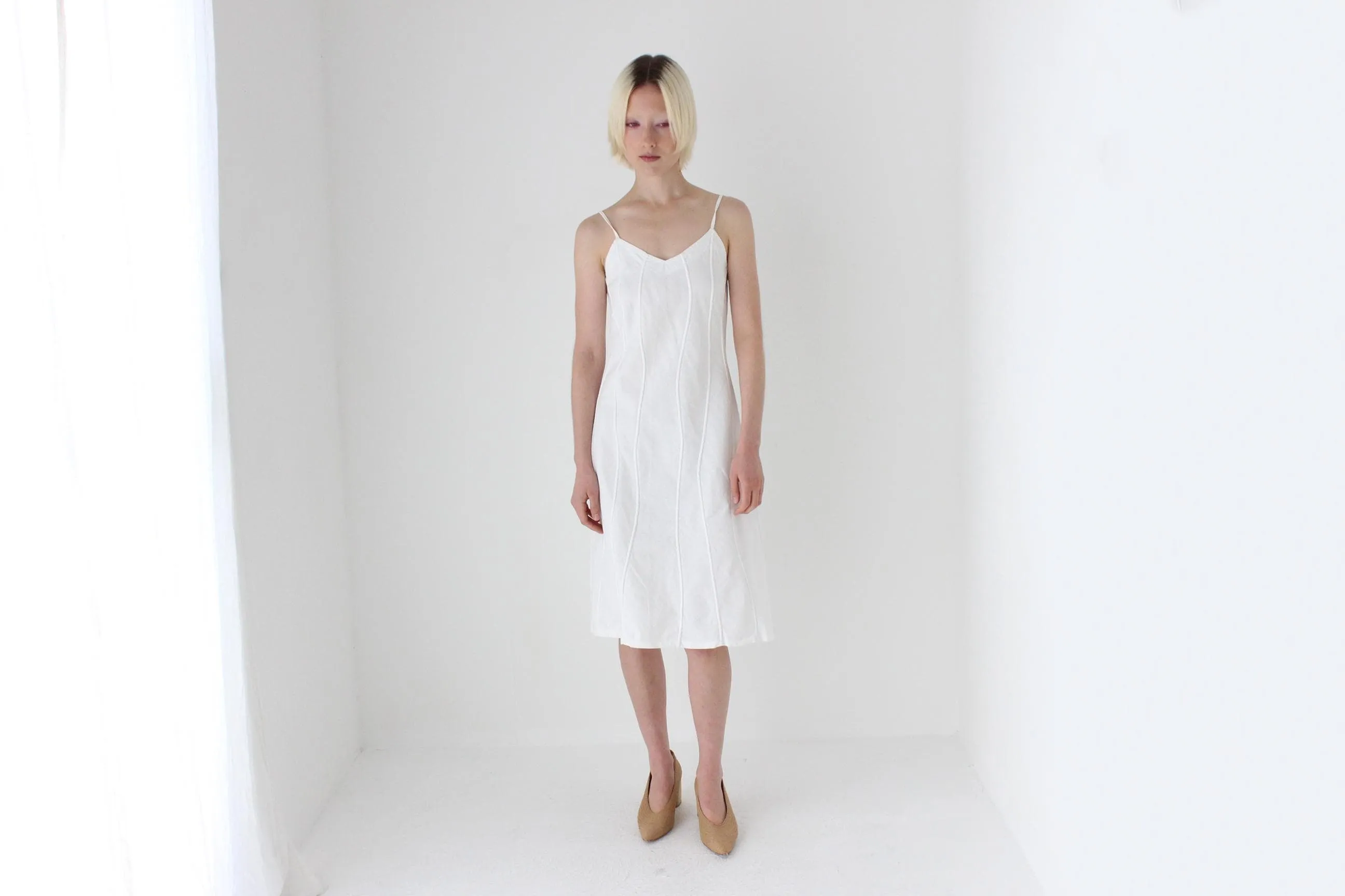 Textural 90s Linen Cotton Spaghetti Strap Slip Dress