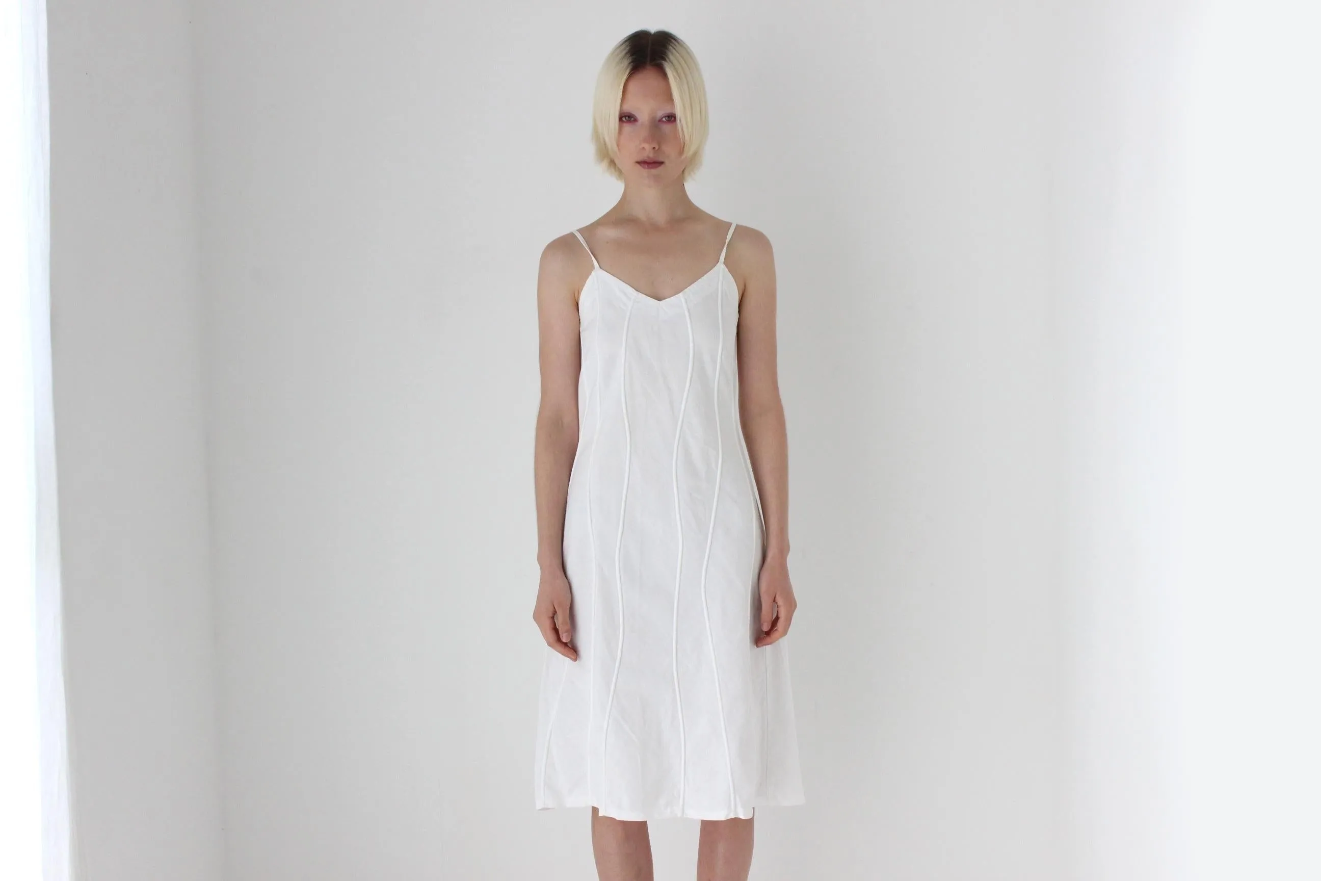 Textural 90s Linen Cotton Spaghetti Strap Slip Dress