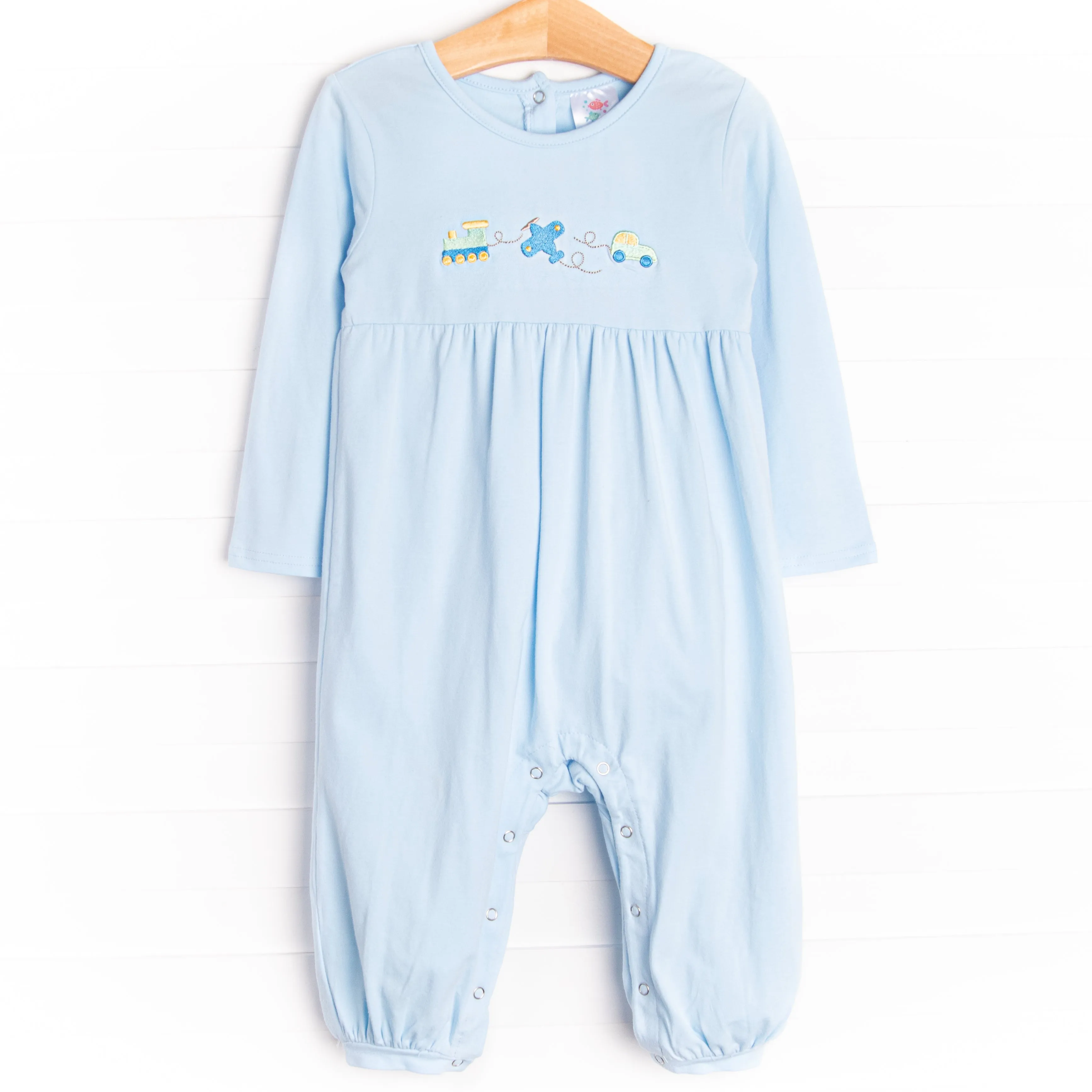 Travel Time Embroidered Romper, Blue