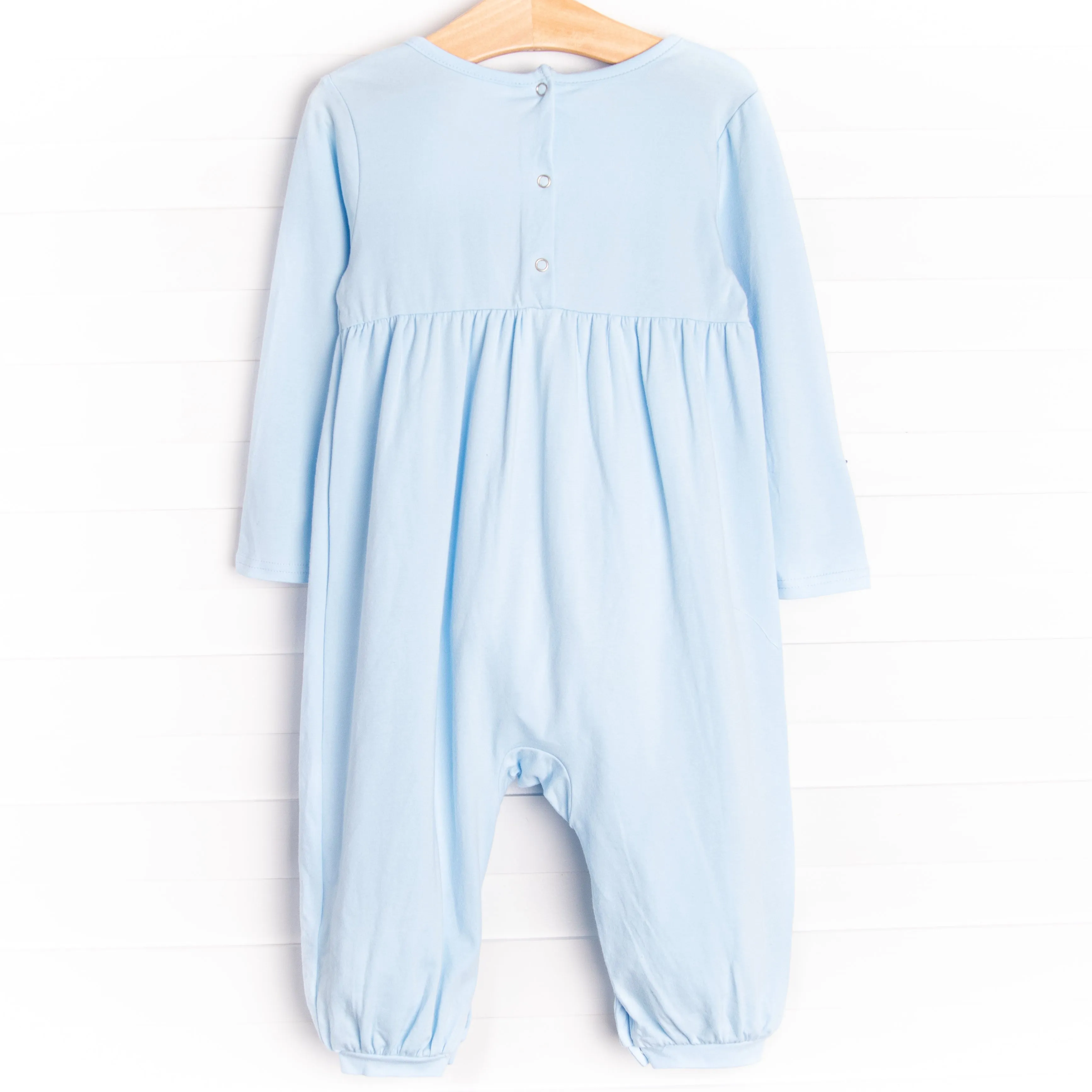 Travel Time Embroidered Romper, Blue