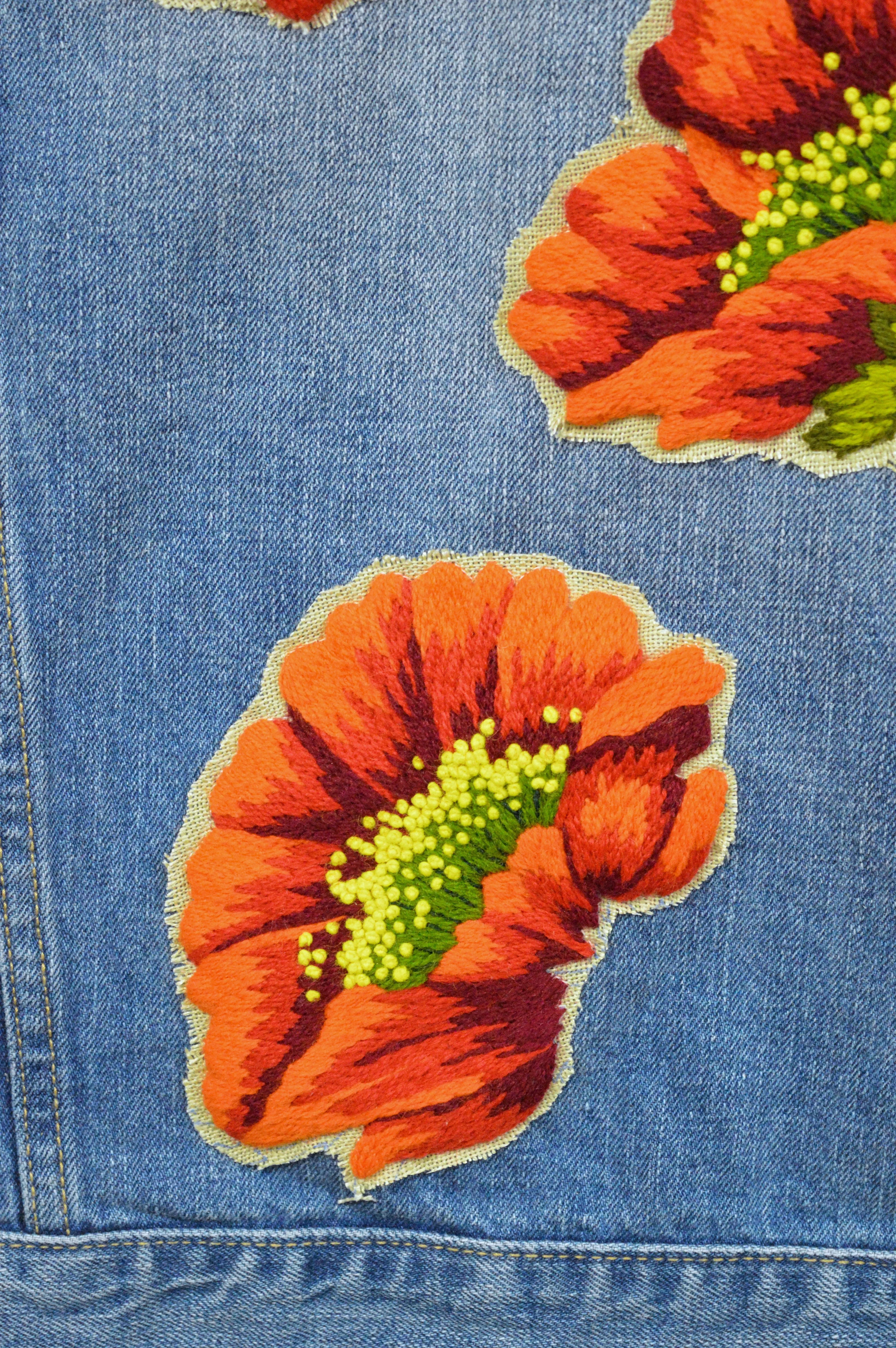 Upcycled Denim Jacket with Wool Poppy Motif | L