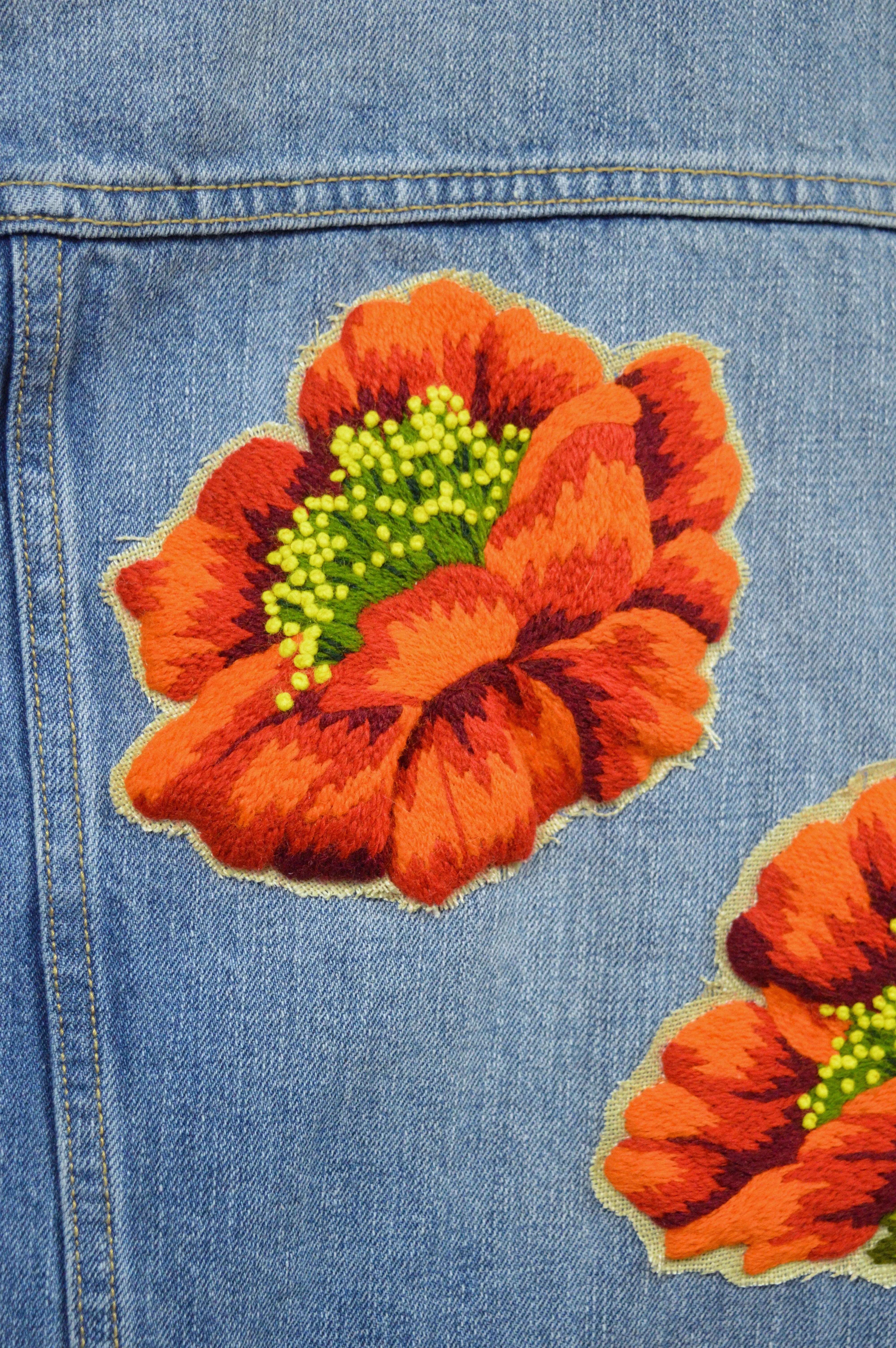Upcycled Denim Jacket with Wool Poppy Motif | L