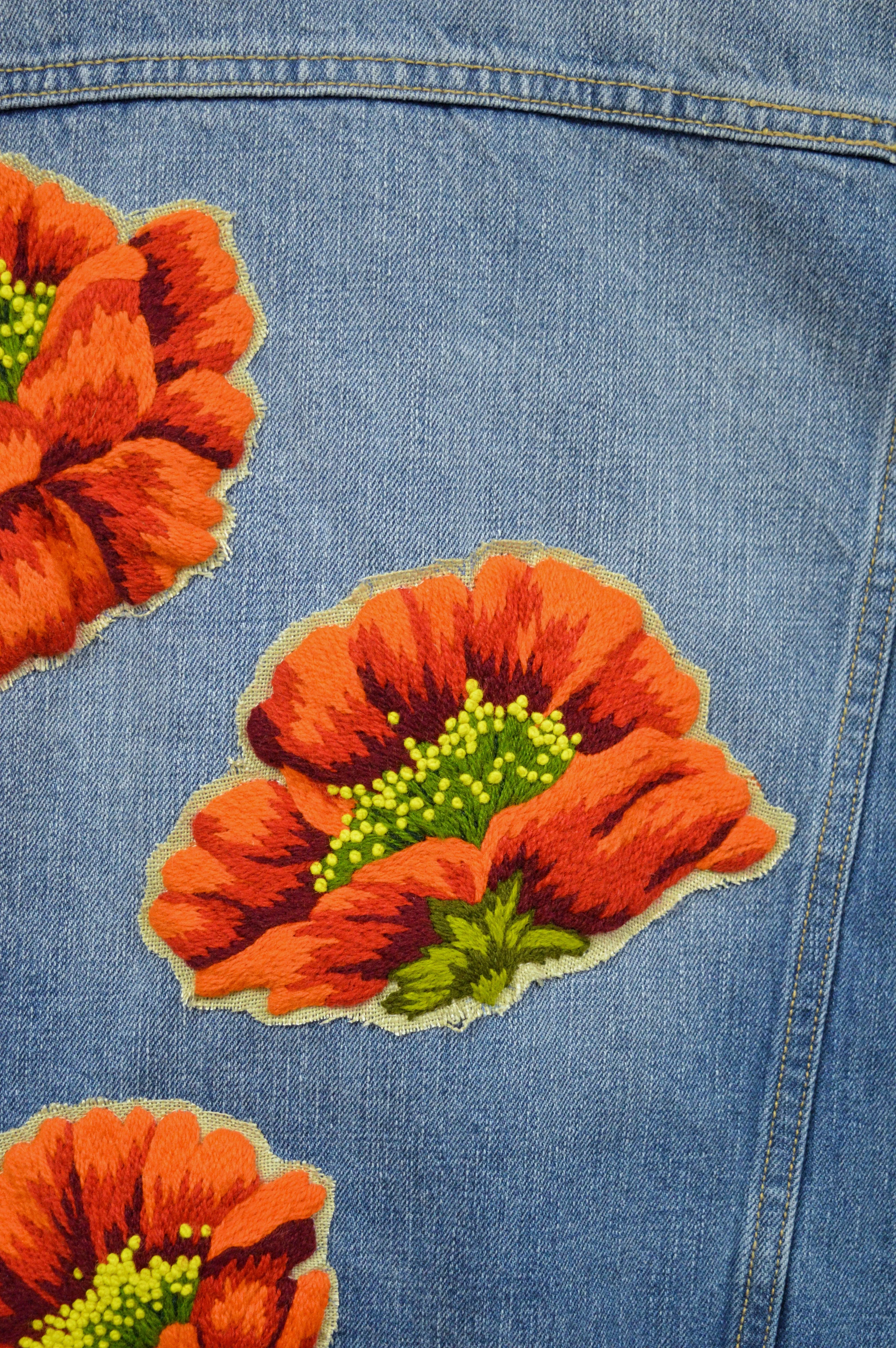 Upcycled Denim Jacket with Wool Poppy Motif | L
