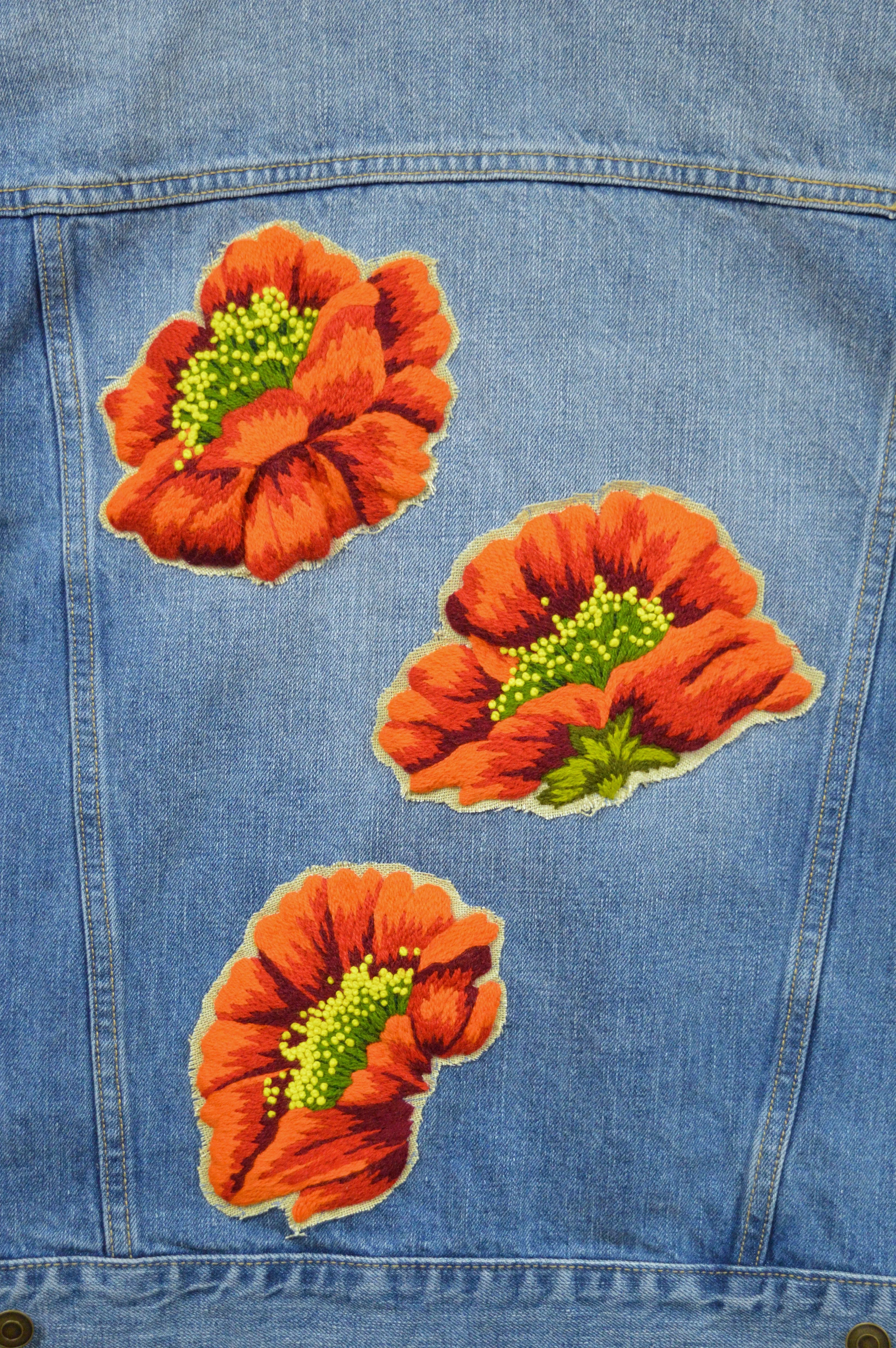 Upcycled Denim Jacket with Wool Poppy Motif | L