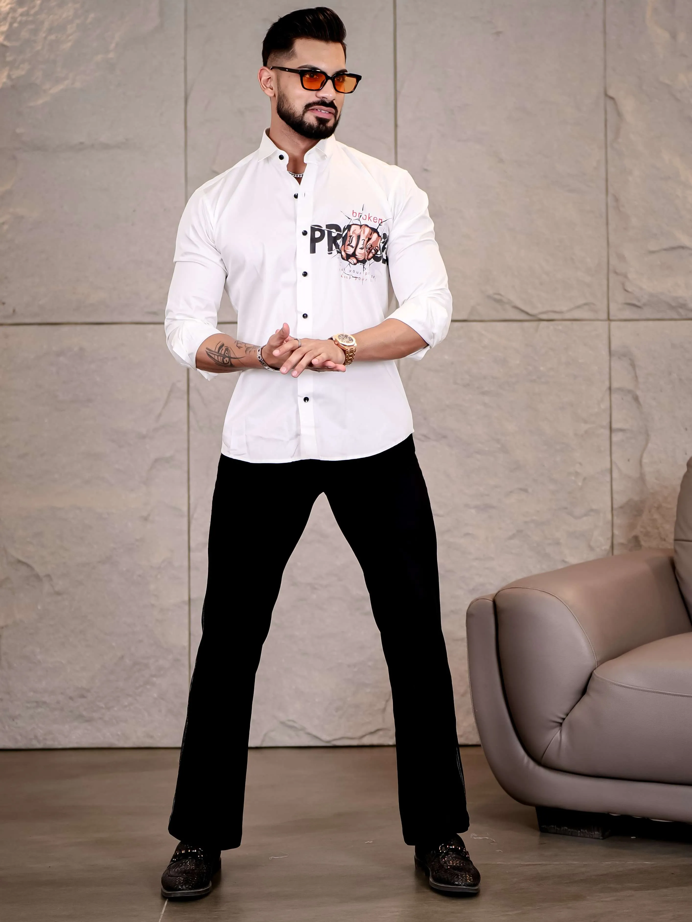 White Club Wear Lie Broken Printed Satin Cotton Shirt