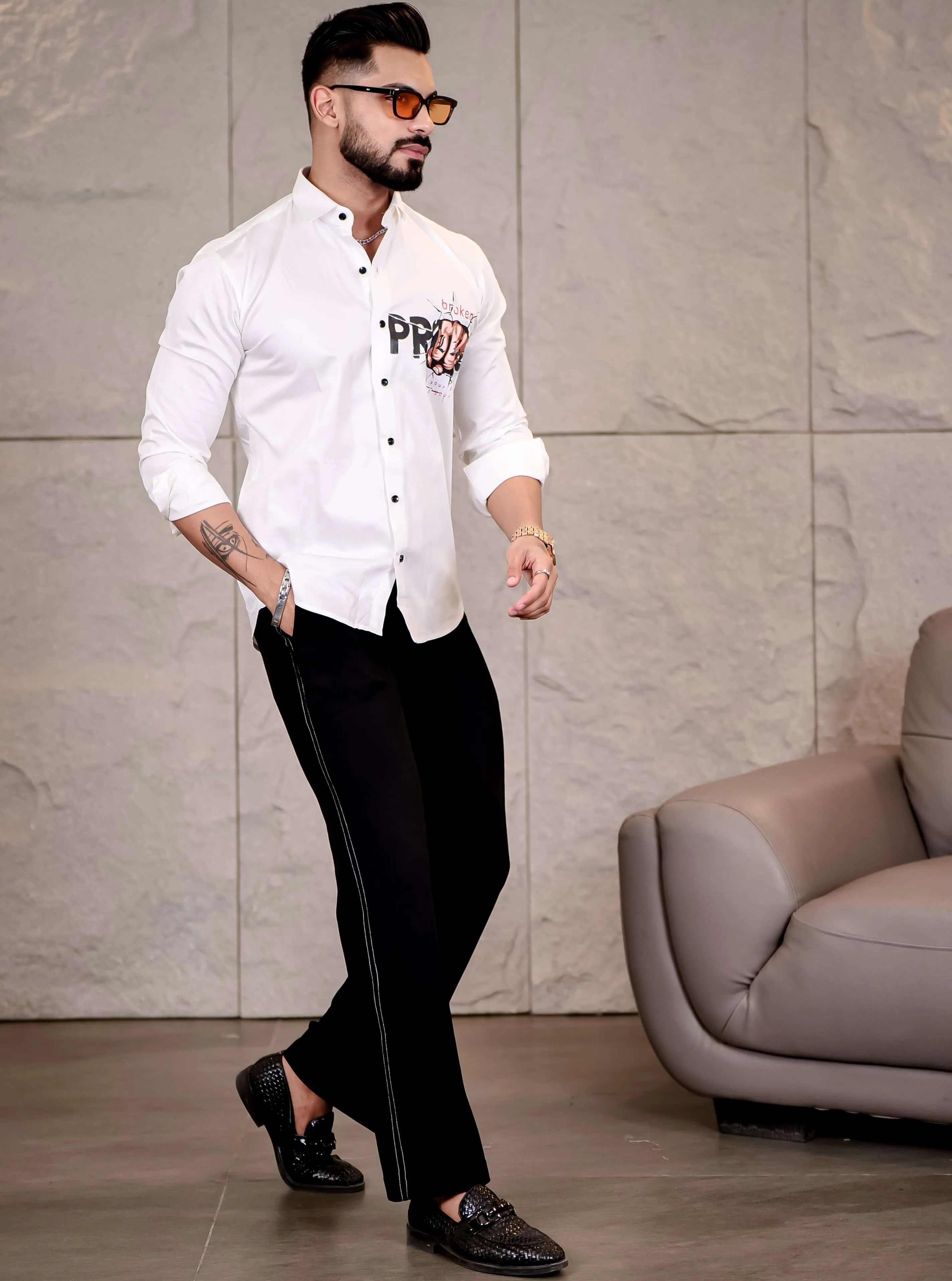 White Club Wear Lie Broken Printed Satin Cotton Shirt