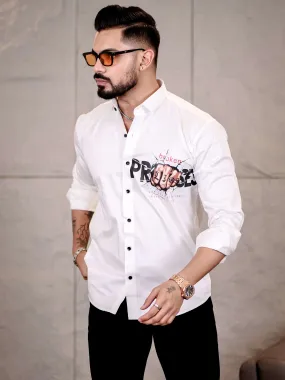 White Club Wear Lie Broken Printed Satin Cotton Shirt