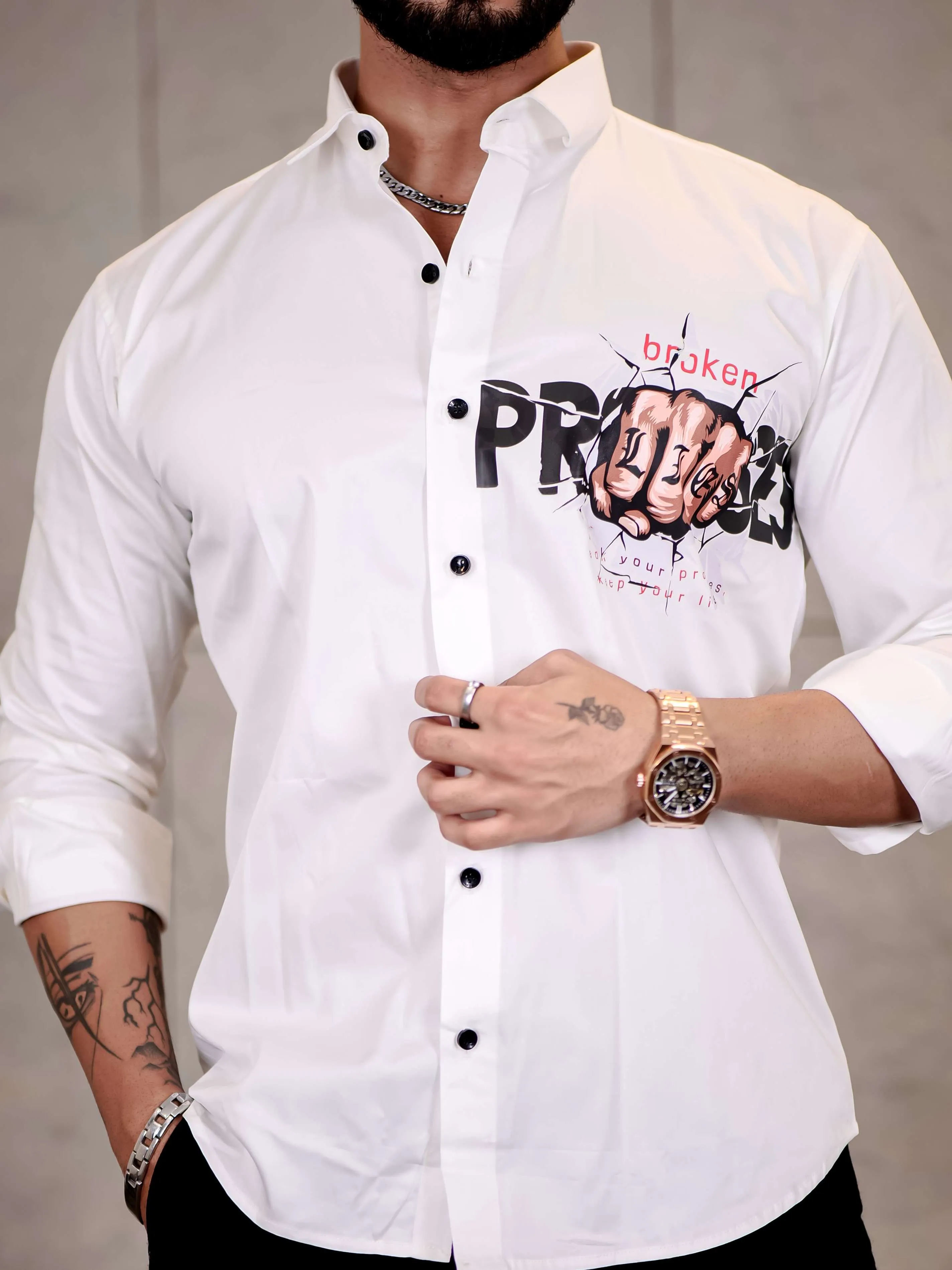 White Club Wear Lie Broken Printed Satin Cotton Shirt