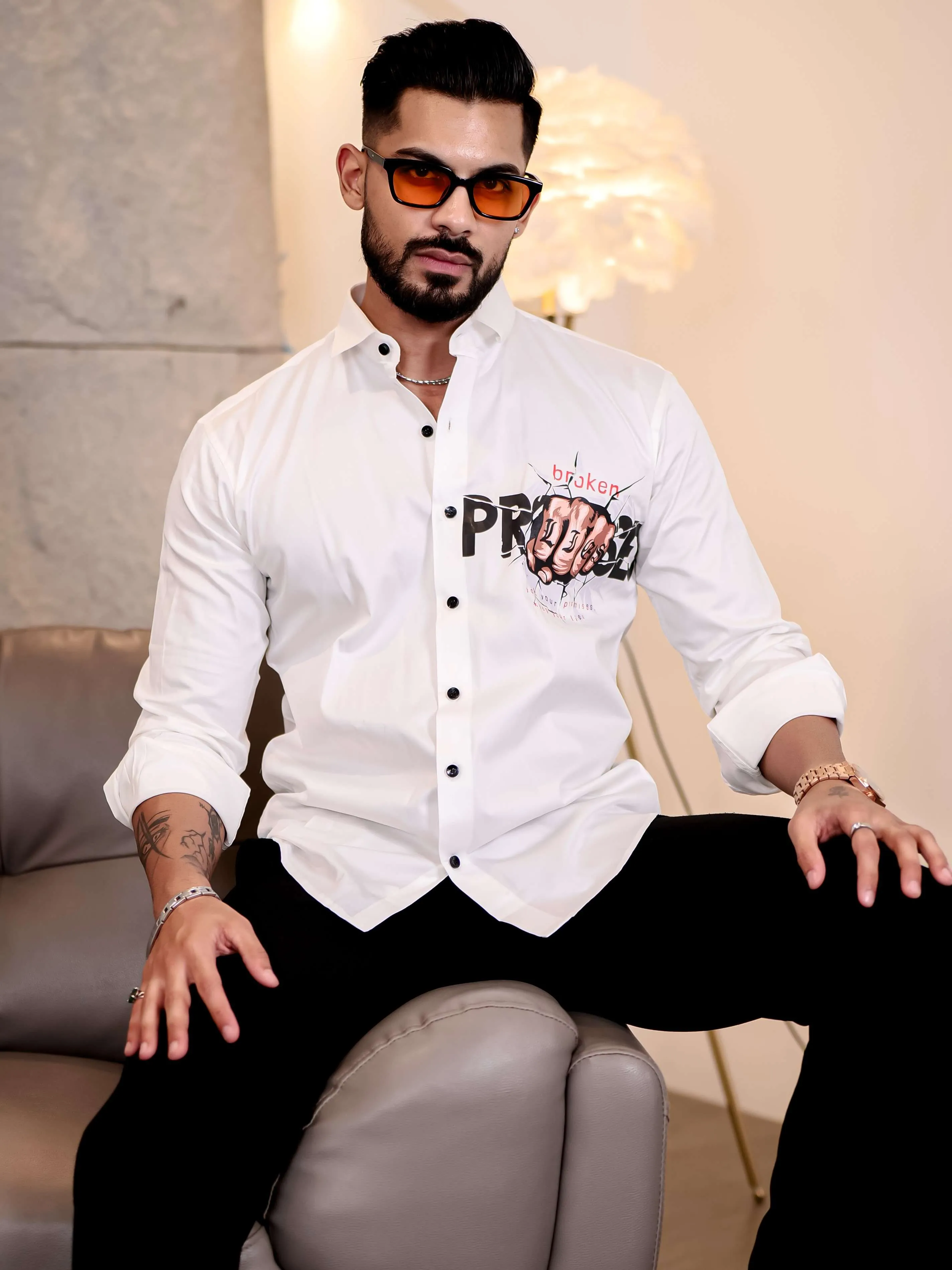 White Club Wear Lie Broken Printed Satin Cotton Shirt