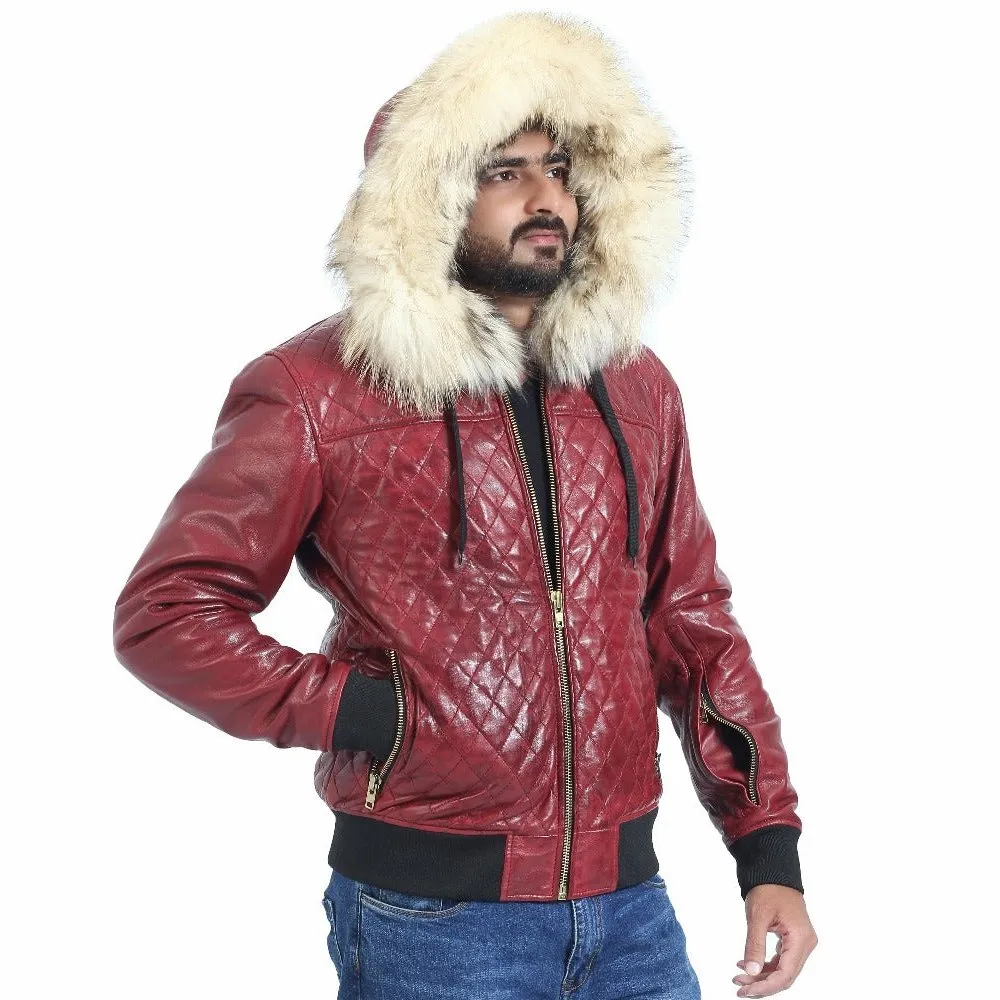 Winter Leather Jacket for Men with Fur on the Hood