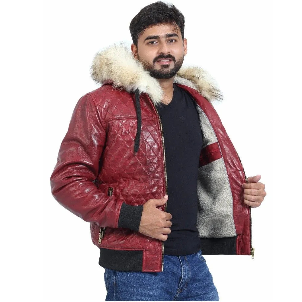 Winter Leather Jacket for Men with Fur on the Hood