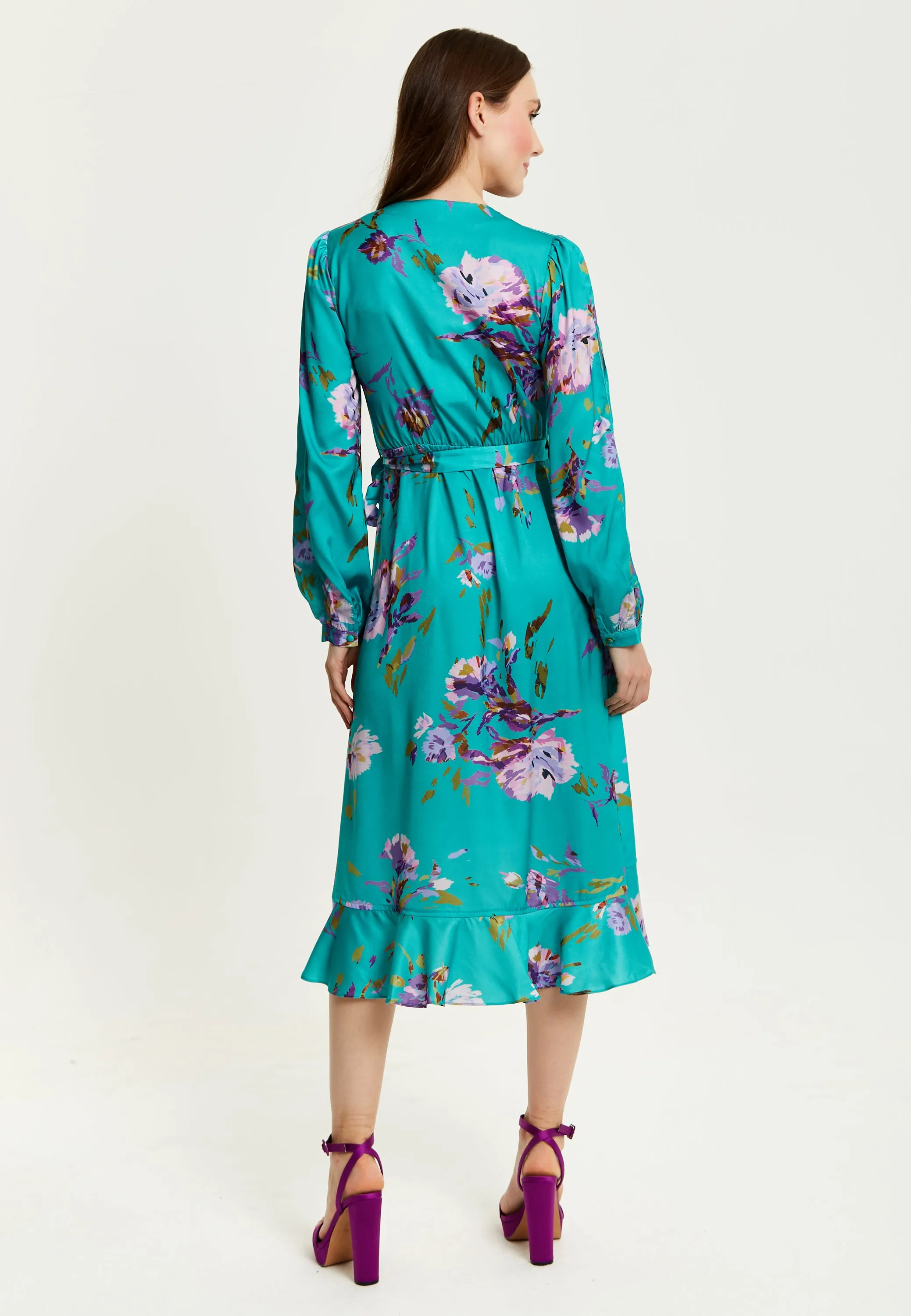 Women's Midi Wrap Dress in Green with Long Sleeve Slits, V Neck Style - Floral Print by Liquorish