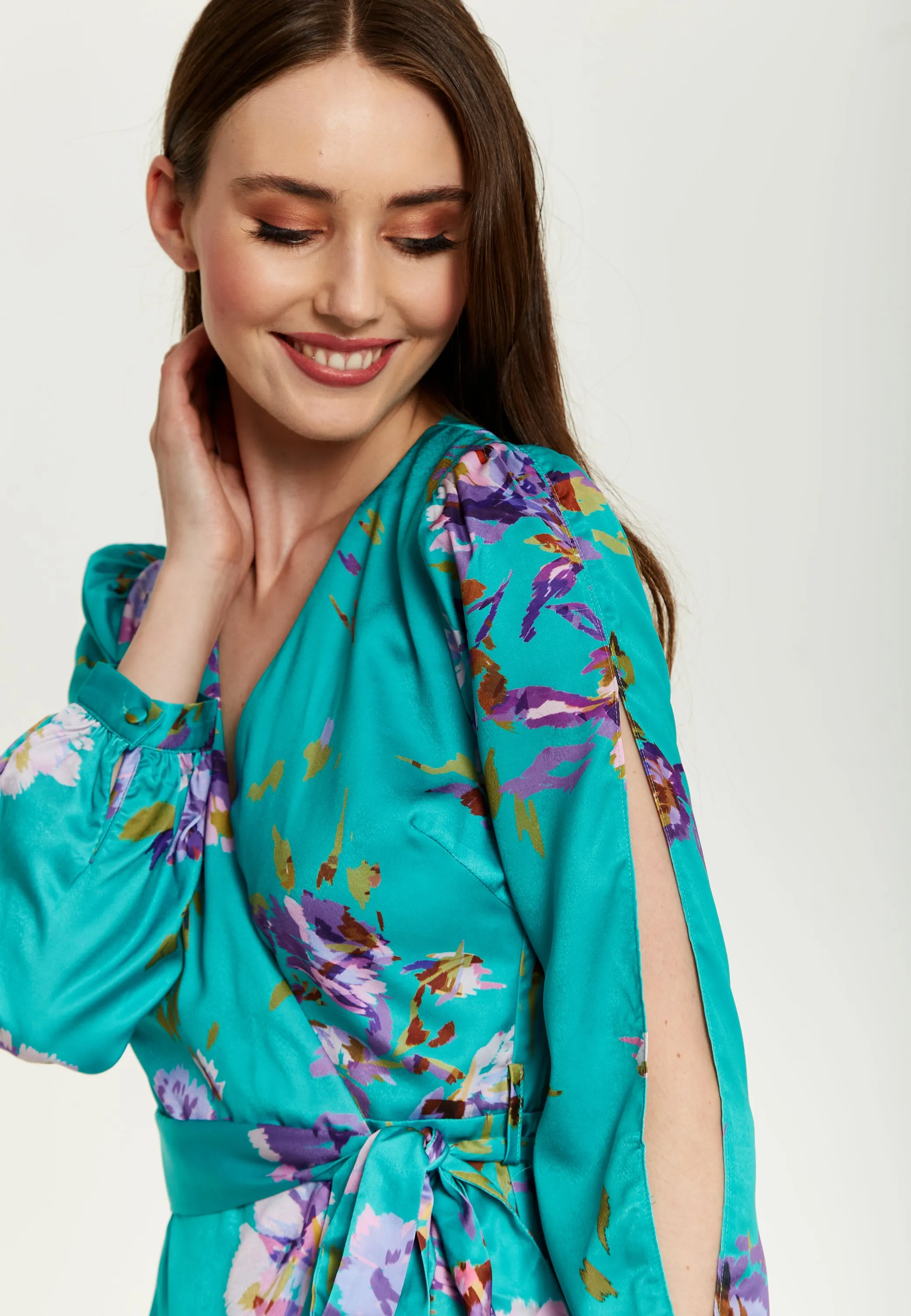 Women's Midi Wrap Dress in Green with Long Sleeve Slits, V Neck Style - Floral Print by Liquorish