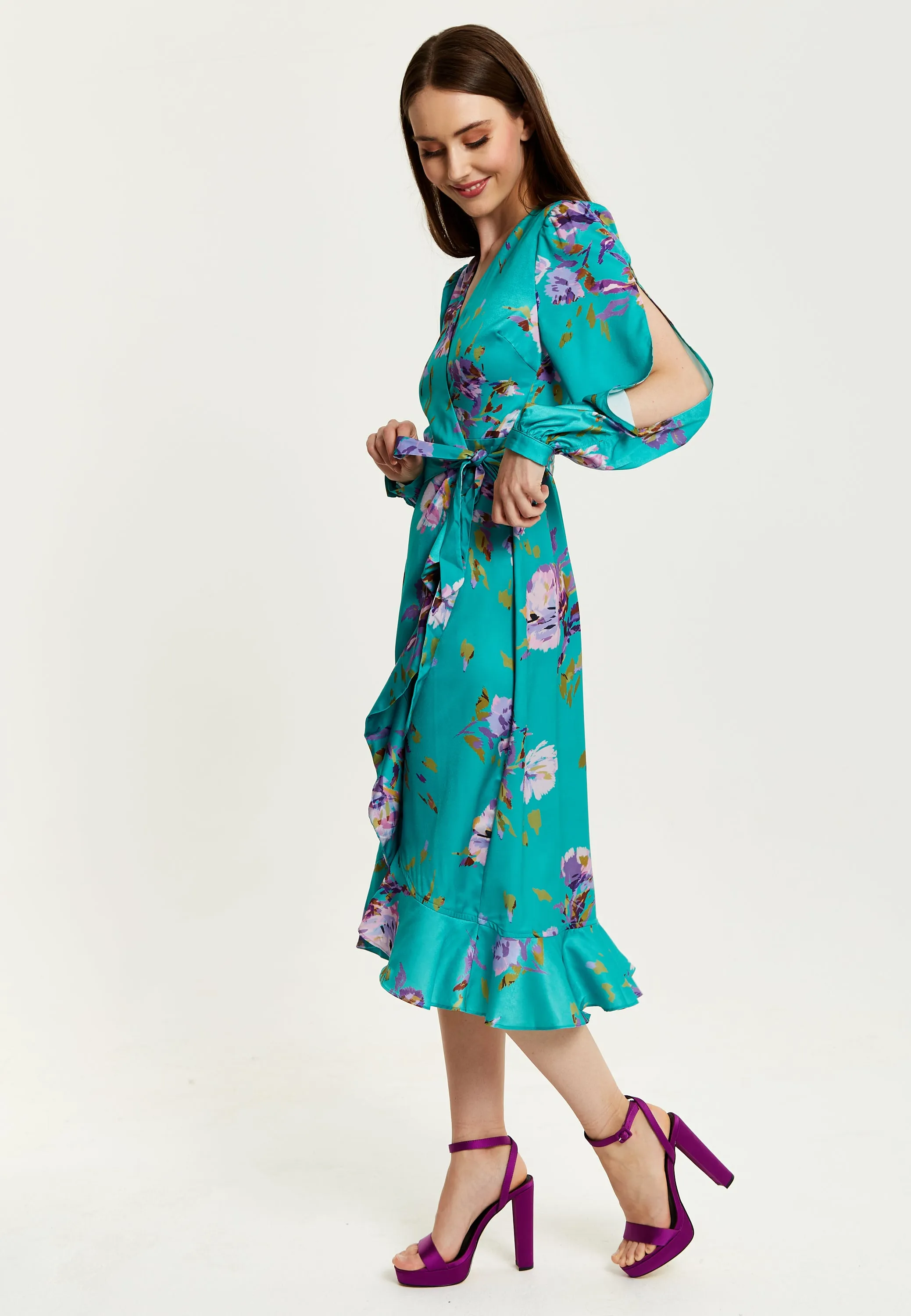 Women's Midi Wrap Dress in Green with Long Sleeve Slits, V Neck Style - Floral Print by Liquorish