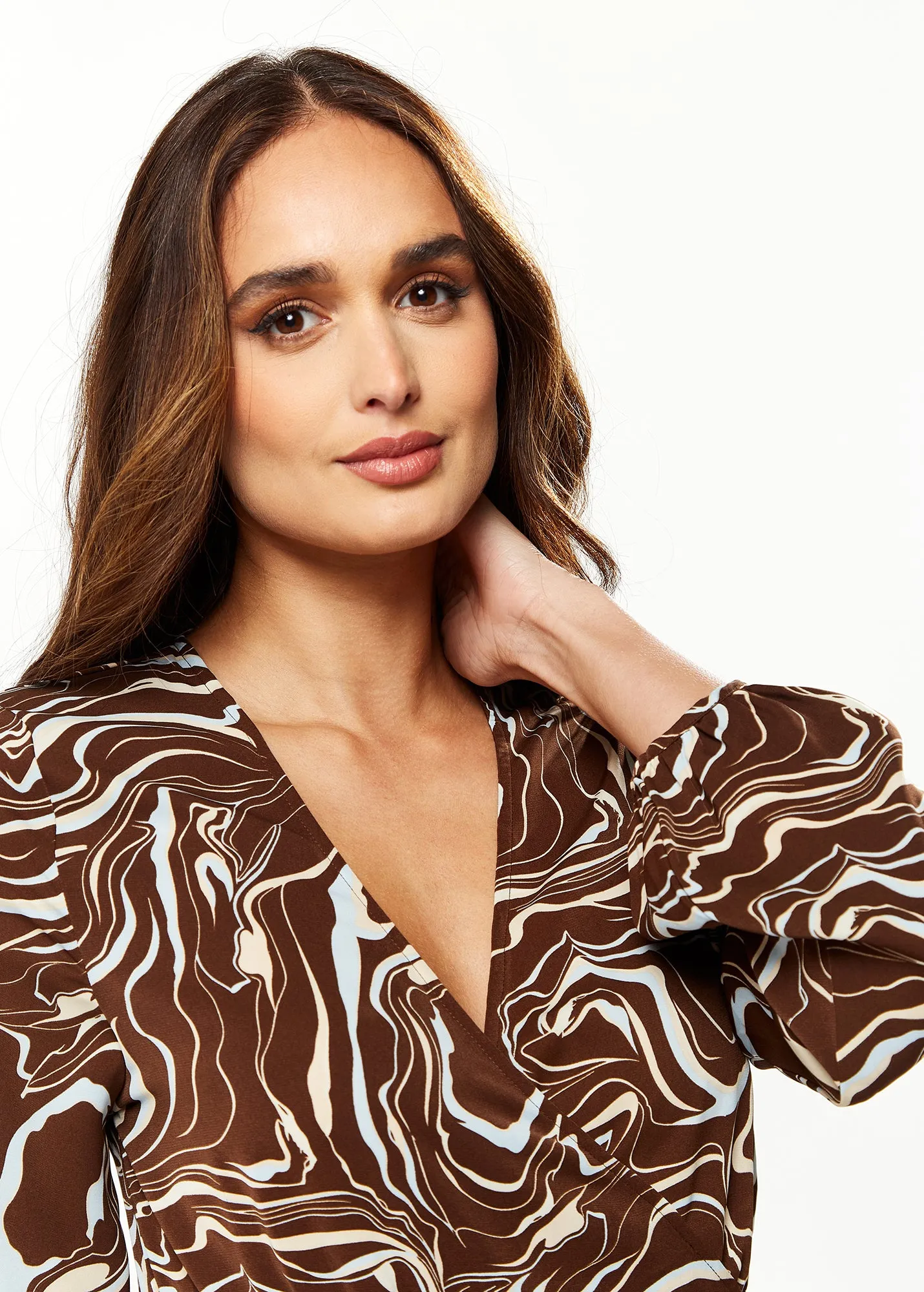 Women's Mini Dress with Long Sleeves and Tie Waist in Brown - Stylish Scribble Print by Liquorish