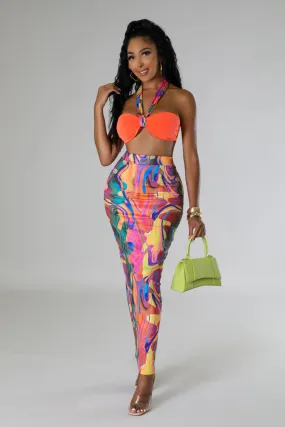 Women's Sensational Bikini Halter Top High Waisted Multi-Color Maxi Skirt Set