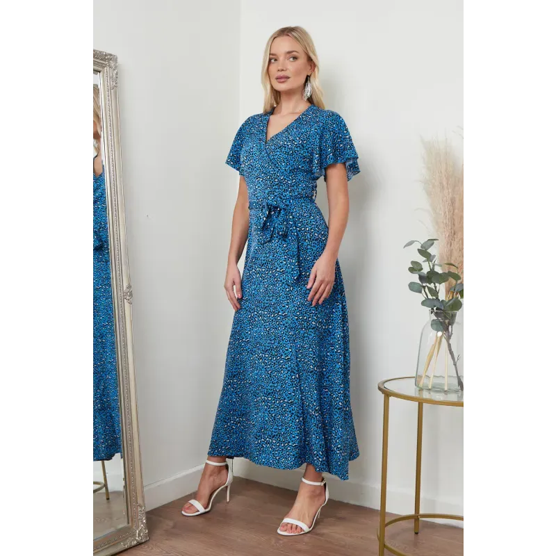 Wrap Front Maxi Dress In Blue Animal Print