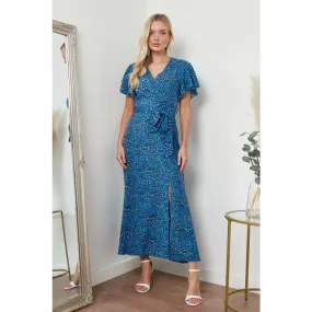 Wrap Front Maxi Dress In Blue Animal Print