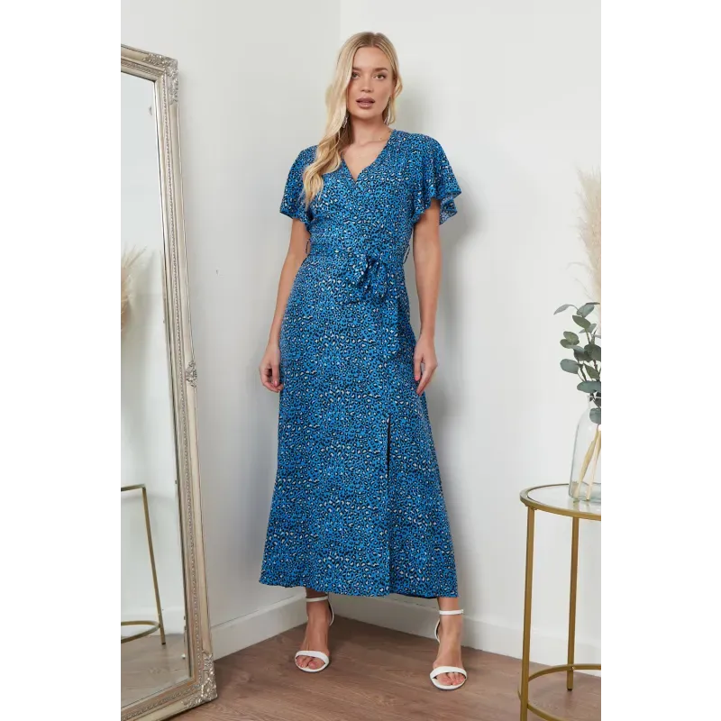 Wrap Front Maxi Dress In Blue Animal Print